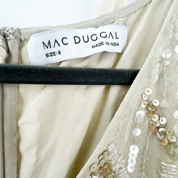 Mac Duggal Oyster Beige Sequined V Neck Flutter Sleeve Tea Length Dress 6 NWT - Picture 9 of 11